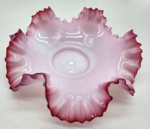 lot 80 image: Antique Glass Cranberry and White Ruffled Edge Brides Basket