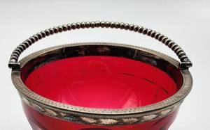 lot 81 image: Antique Cranberry Glass Basket with Metal Detailing