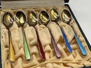 lot 15A image: Set of Six Vintage Sterling Silver and Enamel Norwegian Spoons