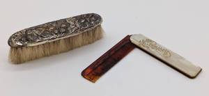 lot 239 image: Sterling Silver Brush and Mother of Pearl Handled Folding Comb