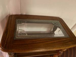 lot 212 image: Wooden Two Shelf Accent Table with Etched Glass Top