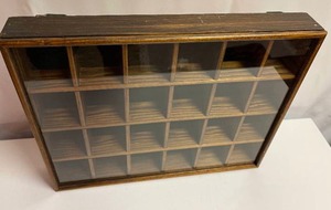 lot 218 image: Vintage Tannery Lane Co Wooden Wall Curio Display Case - Wooden Shadowbox with Slide Out Glass Miniature Display Case