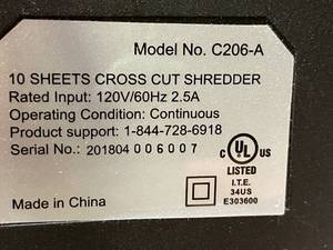 lot 251 image: Ten Sheet Cross Cut Paper Shredder Model C206-A