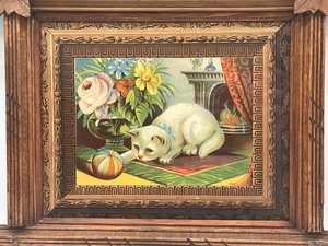 lot 146 image: Antique Wooden Victorian Picture Frame with Adorable Cat Print