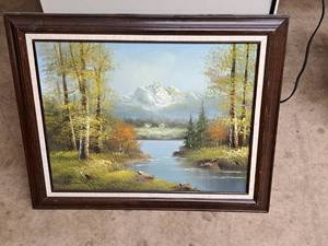 lot 537 image: Painting - Mountain River Valley Signed , Wood FrameSingle Matte