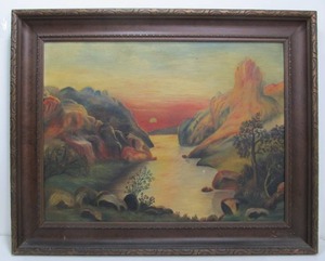 lot 36 image: Beautiful Antique Framed Original Oil on Board Painting - Sunset Over a River Valley