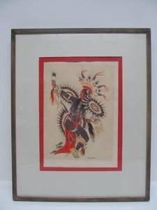 lot 124 image: Framed Signed Old 1940s-50s era Native American Silkscreen Artwork - Scalp Dance by Woody Crumbo