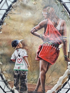 lot 165 image: Signed Original Painting on Animal Hide i Metal Wire Frame East Meets West