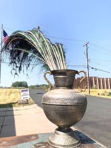 lot 144 image: Vintage Middle Eastern Plated Brass Large Urn wGenuine Peacock Feathers