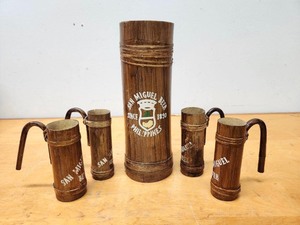 lot 268 image: Vintage 1950s era Bamboo SAN MIGUEL Beer Pitcher & Glasses