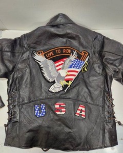 lot 297 image: Awesome Diamond Plate Buffalo Leather Live to Ride Motorcycle Jacket - Size L