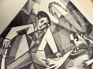 lot 367 image: Dramatic Late 1940s era Artwork - Man Fighting Dragon or Orthrus - Version 2