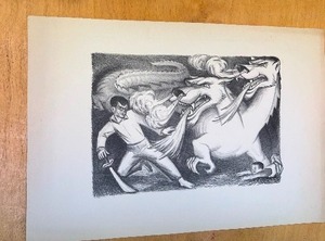 lot 366 image: Dramatic Late 1940s era Artwork - Man Fighting Dragon or Orthrus - Version 1