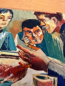 lot 369 image: Mid Century 1950s-60s era Original AcrylicOil Painting by Dorothy Divers - Intense Family Dinner