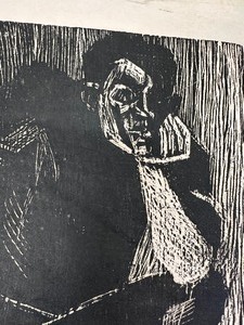 lot 368 image: Mid Century 1950s era Linocut - Thinking Man on Stool
