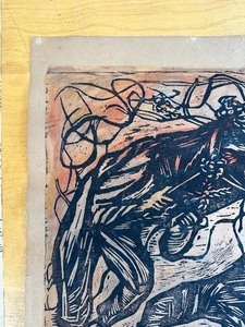 lot 375 image: Signed & Hand Colored Linocut by Important Listed Mexican Artist Alfredo Zalce (1908-2003) - El Torito