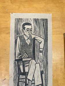 lot 383 image: Mid Century 1950s Woodcut Print - Gentleman Taking Notes