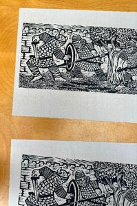 lot 384 image: Pair of Mid Century 1960s era Linocut or Woodcut Prints - VikingNorse Warriors
