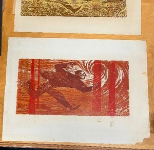 lot 389 image: 1960s Group of 3 Artist Proof Test Linocut Prints by Dorothy Divers - #1 - Man Running Toward Sun