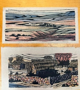 lot 392 image: 2 Hand Signed 1940s era Mexican Landscape Linocuts 
