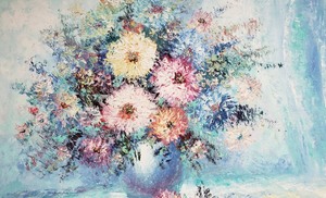 lot 394 image: Large Vintage Mid Century Floral Still Life Impasto Oil Painting