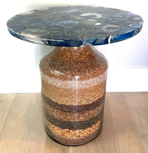lot 39 image: Colored Geode Slice Top Table with Seed and Grain Layered Base