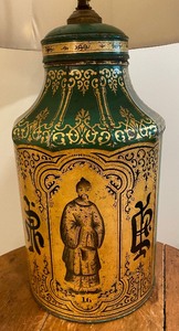 lot 203 image: Vintage Chinese Export Green Painted and Gilt Tole Tea Canister Lamp
