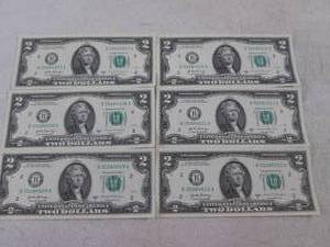 lot 241 image: (CNTR) 6 - $2 Dollar Bills - Serial...