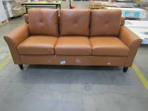 lot 23 image: HOMESTOCK Button Tufted Sofa - Affordable Caramel Modern Sofa (LEATHER IS TORN ON FRONT, SEE PHOTOS - GREAT FOR COLLEGE DORM ROOM)