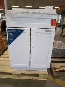 lot 40 image: Glacier Bay All-in-One Stainless Steel 24 in Laundry Sink with Faucet and Storage Cabinet in White (DAMAGE ON SIDE WALL, HINGES NEED TO BE TIGHTENED)