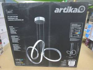 lot 77 image: Artika Swirl 30-Watt Integrated LED Chrome Modern Hanging Pendant Chandelier Light Fixture for Dining Room or Kitchen Island (OPEN BOX)