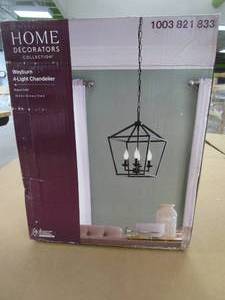 lot 92 image: Home Decorators Collection Weyburn 4- Light Bronze Caged Farmhouse Chandelier for Kitchen (OPEN BOX)