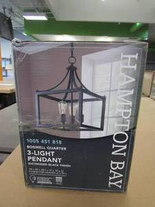 lot 93 image: Hampton Bay Boswell Quarter 14 in. 3-Light Distressed Black Farmhouse Square Pendant Chandelier for Kitchens (OPEN BOX)