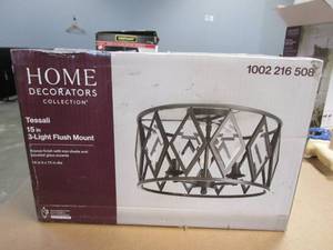 lot 130 image: Home Decorators Collection Tessali 16 in. 3-Light Bronze Prismatic Glass Flush Mount Ceiling Light (OPEN BOX)