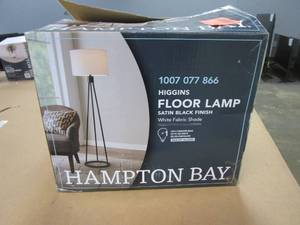 lot 136 image: Hampton Bay Higgins 56.25 in. Black Tripod Floor Lamp with Round Base (OPEN BOX)