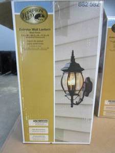 lot 124 image: Hampton Bay 20.25 in. Black 3-Light Outdoor Wall Lamp with Clear Beveled Glass Shade (OPEN BOX)