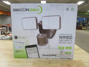 lot 155 image: SECUR360 2000 Lumens LED Motion Sensor Wi-Fi Connected Voice Activated Wired Twin Head Bronze Outdoor Security Flood Light (OPEN BOX)