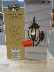 lot 160 image: Hampton Bay 20.25 in. Black 3-Light Outdoor Wall Lamp with Clear Beveled Glass Shade (OPEN BOX)