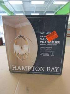 lot 227 image: Hampton Bay Findlay 3-Light Brushed Nickel Chandelier with Etched White Glass Shades (OPEN BOX)