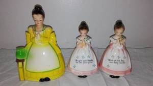 lot 38 image: Vintage Praying Lady Wall Pocket And SP Shakers.