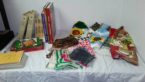 lot 66 image: Hand Crafted Dishtowels And Cookbooks And More.