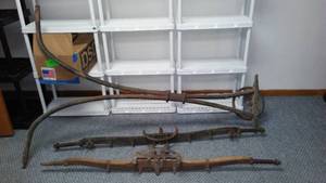 lot 145 image: Antique Wagen ox Cart Steering and Axel parts.