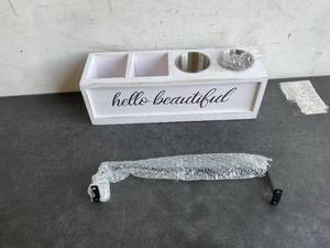 lot 239 image: Anwelynd White Washed Hello Beautiful Wall Organizer with 2-Stainless Steel Compartments for Styling Tools and Towel Bar