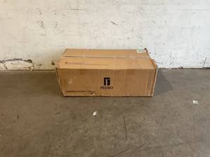 lot 43 image: FEZIBO 63 x 24 Inch Dual Motor Height Adjustable Electric Standing Desk with Black Metal Frame and Rustic Brown Top