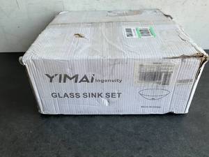 lot 82 image: YIMAI Ingenuity Tempered Glass Blue Art Vessel Sink 16.5 Bathroom Sinks with Faucet Combo