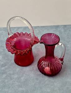 lot 52 image: 2 VTG Cranberry Glass Basket & vase