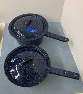 lot 56 image: 2 Blue Enamel Campfire pans wlids