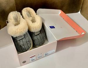 lot 92 image: Pair UGG Grey Sheep wool slippers