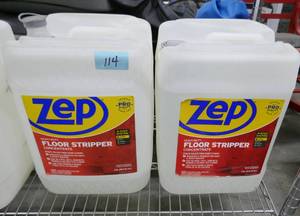 lot 114 image: 5 gallon jug of Zep floor stripper, the other one maybe has a gallon