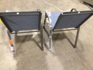 lot 11 image: 2 Chairs of StyleWell Mix and Match Stackable Brown Steel Sling Outdoor Patio Dining Chair in Denim  Slight Damage Customer Returns See Pictures